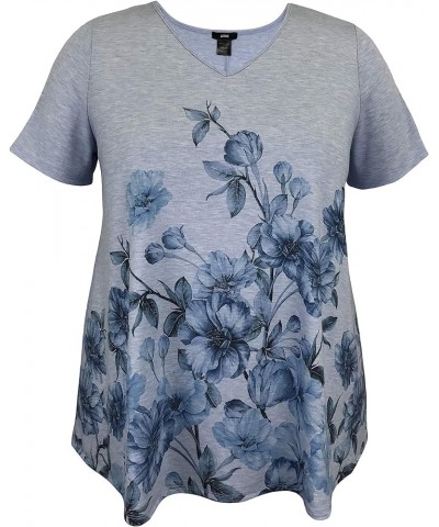 Women and Plus Size Short Sleeve Printed Swing Tunic Top (Small-5X) Blue Floral / Lt. Heather Blue $11.06 Tops