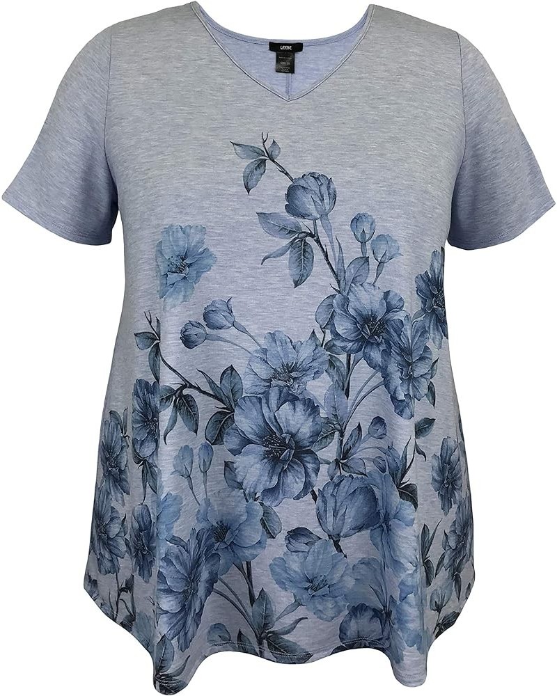 Women and Plus Size Short Sleeve Printed Swing Tunic Top (Small-5X) Blue Floral / Lt. Heather Blue $11.06 Tops