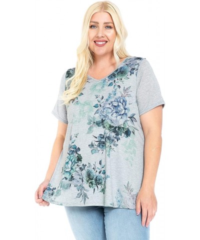 Women and Plus Size Short Sleeve Printed Swing Tunic Top (Small-5X) Blue Floral / Lt. Heather Blue $11.06 Tops