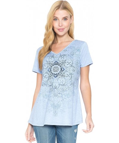 Women and Plus Size Short Sleeve Printed Swing Tunic Top (Small-5X) Blue Floral / Lt. Heather Blue $11.06 Tops