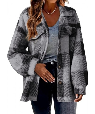 Women's Fleece Plaid Shacket Jacket 2023 Winter Long Sleeve Button Down Jackets Fashion Oversized Warm Coat Cardigan A0-gray ...