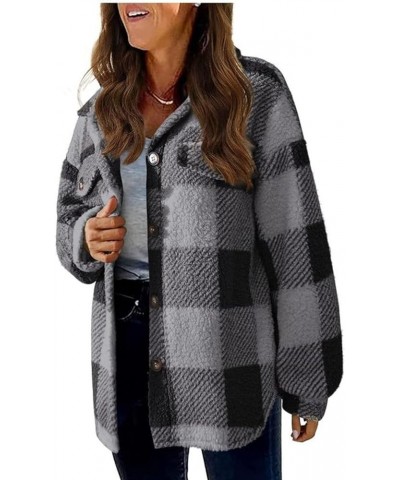 Women's Fleece Plaid Shacket Jacket 2023 Winter Long Sleeve Button Down Jackets Fashion Oversized Warm Coat Cardigan A0-gray ...