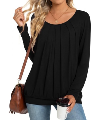 2024 Women's Winter Spring Tunic Tops Long Sleeve Casual Tshirt for Leggings Pleated Loose Blouses Black $11.75 Tops