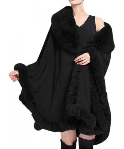 Women's Faux Fur Collar Cardigan Sweater Elegant Batwing Long Sleeve Knit Cape Tassel Shawl Open Front Outerwear Cloak 7-blac...