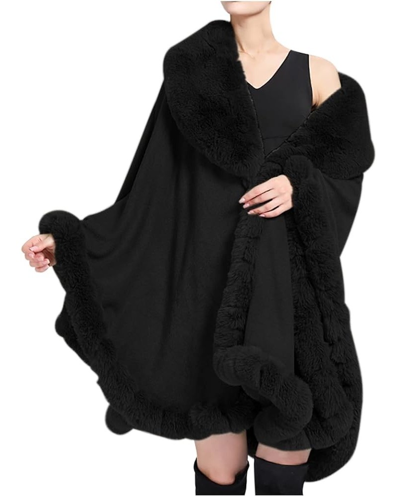 Women's Faux Fur Collar Cardigan Sweater Elegant Batwing Long Sleeve Knit Cape Tassel Shawl Open Front Outerwear Cloak 7-blac...