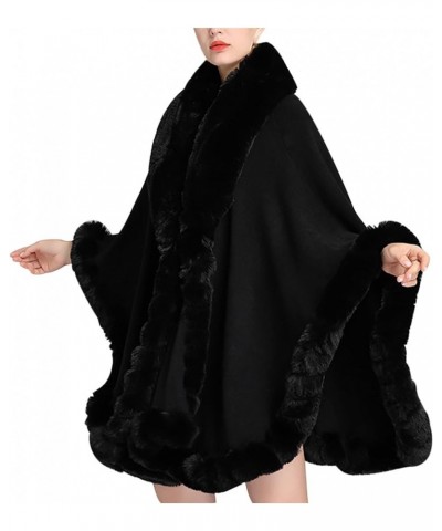 Women's Faux Fur Collar Cardigan Sweater Elegant Batwing Long Sleeve Knit Cape Tassel Shawl Open Front Outerwear Cloak 7-blac...