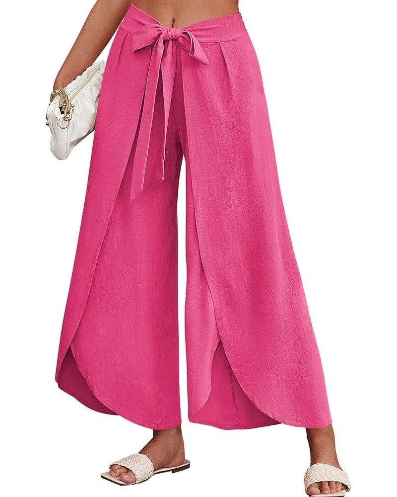 Womens Casual Palazzo High Waisted Flowy Wide Leg Pants Bowtie Front Split Wrap Pants Trousers 1 Hot Pink $12.30 Pants