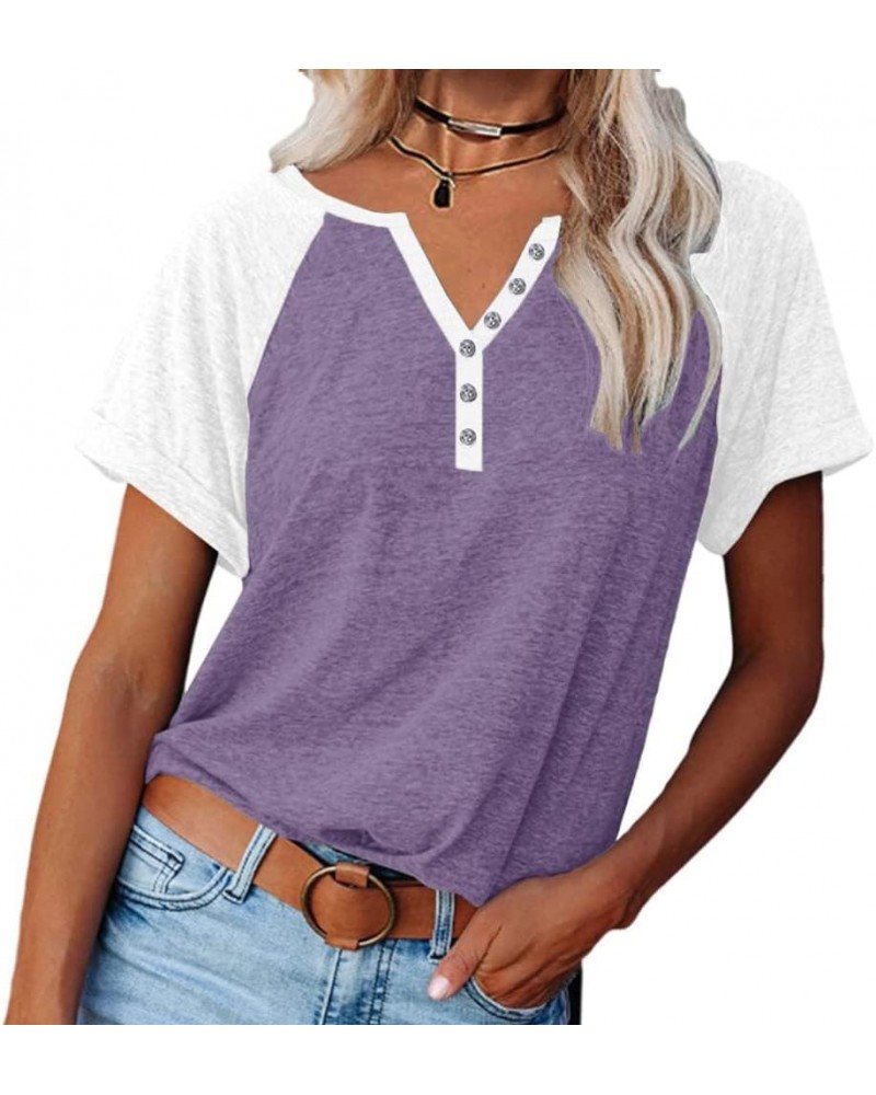 Womens V Neck Basic Tops Color Block Tunic T Shirts Summer Short Sleeve Casual Cotton Tees Shirts Very Peri $12.49 Shoes