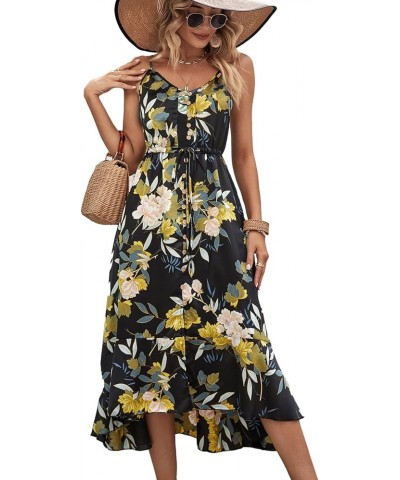 Women's 2024 Summer Casual Boho Sundress Polka Dot Spaghetti Strap V Neck Flowy Midi Dresses 008 Yellow Floral $28.19 Dresses