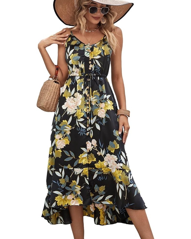 Women's 2024 Summer Casual Boho Sundress Polka Dot Spaghetti Strap V Neck Flowy Midi Dresses 008 Yellow Floral $28.19 Dresses