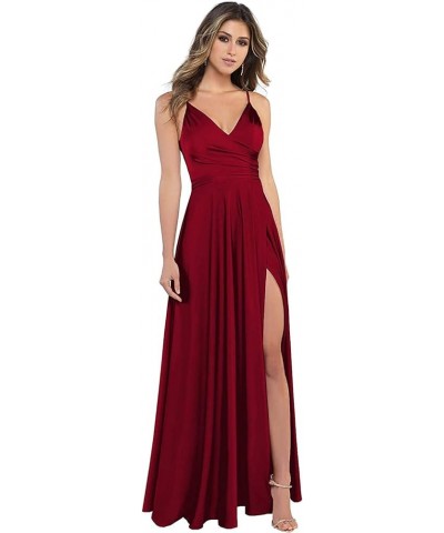 Women's Spaghetti Straps Slit Satin Prom Dresses Long V Neck A-Line Evening Formal Gowns Wine Red $32.44 Dresses