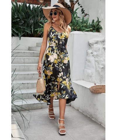 Women's 2024 Summer Casual Boho Sundress Polka Dot Spaghetti Strap V Neck Flowy Midi Dresses 008 Yellow Floral $28.19 Dresses