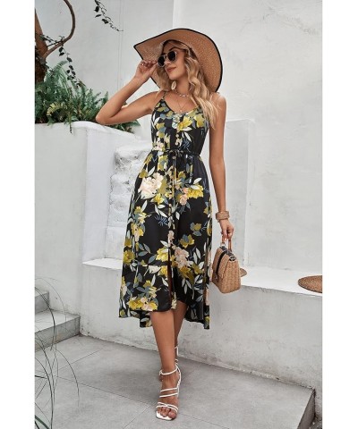 Women's 2024 Summer Casual Boho Sundress Polka Dot Spaghetti Strap V Neck Flowy Midi Dresses 008 Yellow Floral $28.19 Dresses