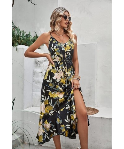 Women's 2024 Summer Casual Boho Sundress Polka Dot Spaghetti Strap V Neck Flowy Midi Dresses 008 Yellow Floral $28.19 Dresses