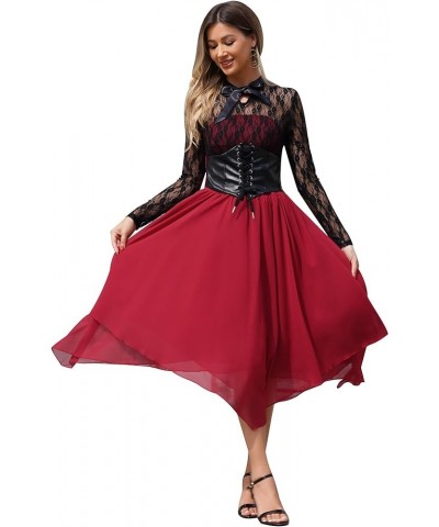 Women's Sleeveless/Long Sleeves Gothic Dress with Corset Halter Lace Swing Cocktail Dress Bwine Red $18.41 Bras