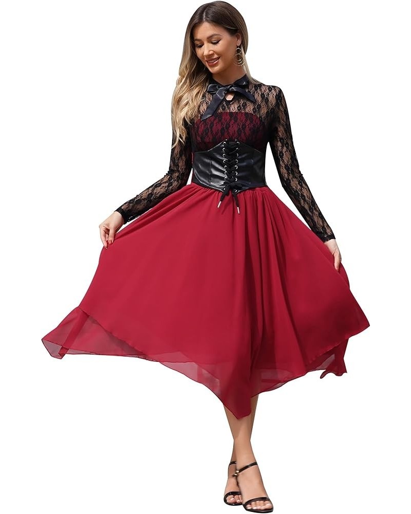 Women's Sleeveless/Long Sleeves Gothic Dress with Corset Halter Lace Swing Cocktail Dress Bwine Red $18.41 Bras