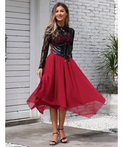 Women's Sleeveless/Long Sleeves Gothic Dress with Corset Halter Lace Swing Cocktail Dress Bwine Red $18.41 Bras