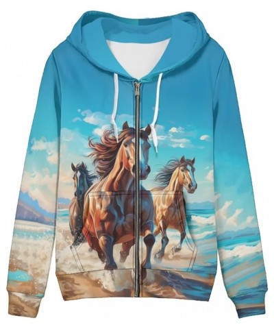 Zip Up Hoodie Women Long Sleeve Drawstring Sweatshirt Jackets Streetwear Horse 2 $16.27 Hoodies & Sweatshirts