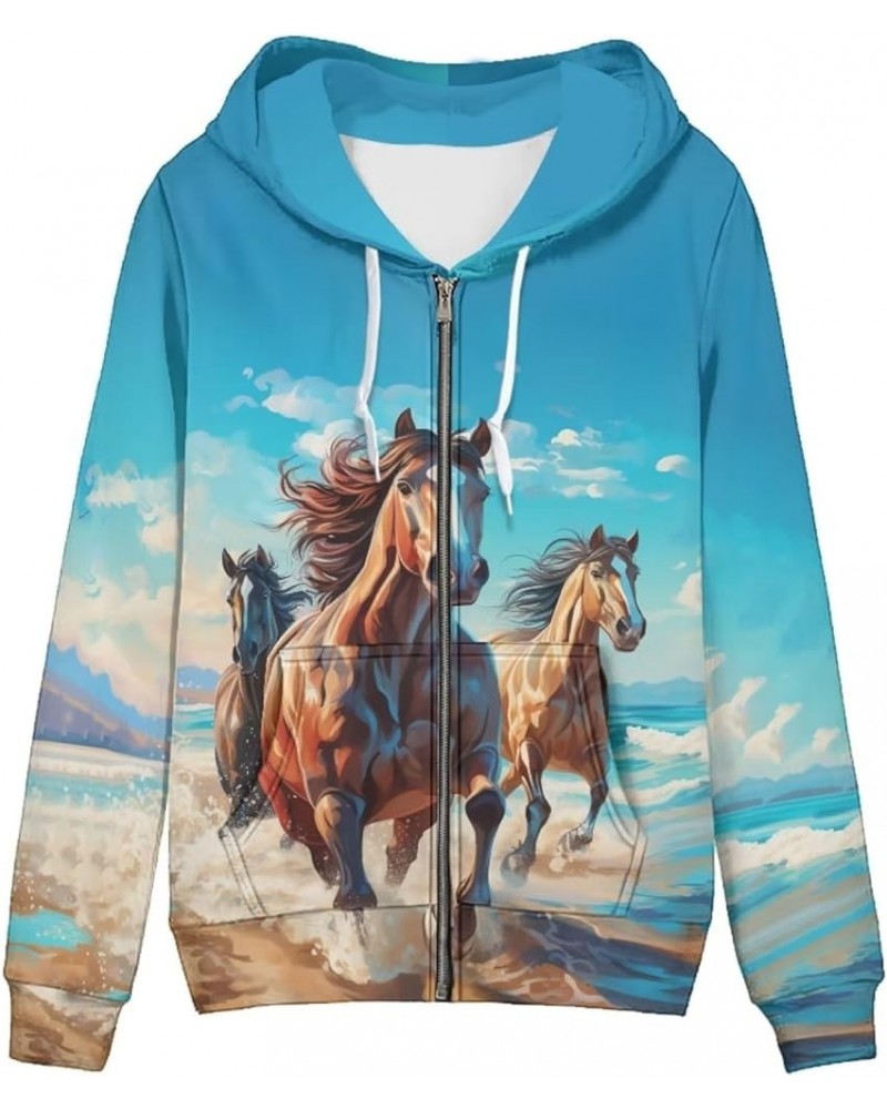 Zip Up Hoodie Women Long Sleeve Drawstring Sweatshirt Jackets Streetwear Horse 2 $16.27 Hoodies & Sweatshirts