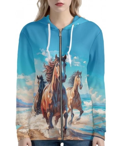 Zip Up Hoodie Women Long Sleeve Drawstring Sweatshirt Jackets Streetwear Horse 2 $16.27 Hoodies & Sweatshirts