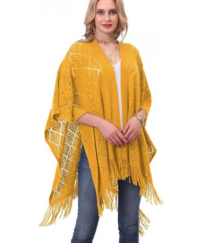 Knit Shawl Wrap for Women - Soul Young Ladies Fringe Knitted Poncho Cardigan Cape Daffodil Yellow Block $14.78 Sweaters