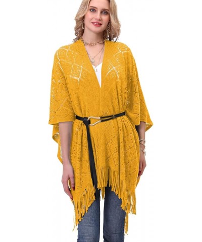 Knit Shawl Wrap for Women - Soul Young Ladies Fringe Knitted Poncho Cardigan Cape Daffodil Yellow Block $14.78 Sweaters