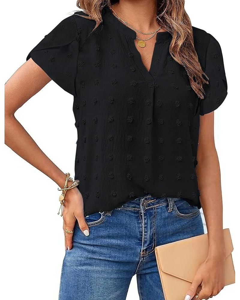 Blouses for Women Fashion 2023 Summer Loose Fit Flowy Shirts Dressy Casual Petal Short Sleeve Cute Swiss Dot Tops C-black $11...