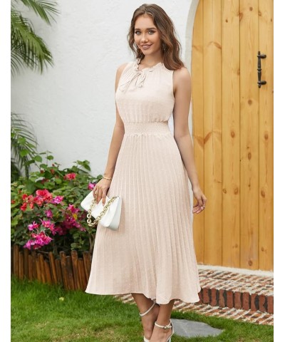 2023 Summer Swiss Dot Dress Women Pleated Midi Sleeveless V-Neck A-line Casual Sun Dress Beach Party Vacation Beige $19.35 Dr...