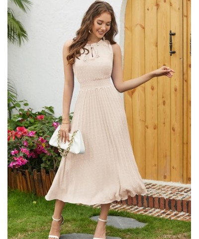 2023 Summer Swiss Dot Dress Women Pleated Midi Sleeveless V-Neck A-line Casual Sun Dress Beach Party Vacation Beige $19.35 Dr...