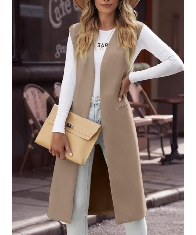 Womens Long Sleeveless Blazers Casual Open Front Office Blazers Jackets Work Suit Vest A Khaki $25.36 Vests