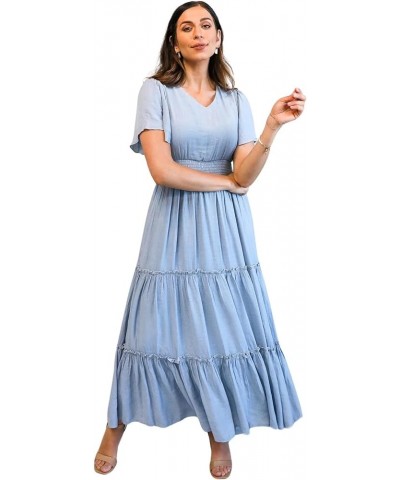 Women's The Taylor Maxi Dress with Ruffle Tiered Details Chambray Blue $35.25 Dresses