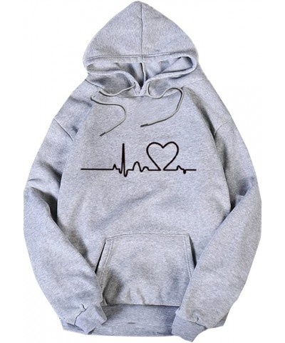 Women's Drawstring Hoodie Long Sleeve Heart Print Pullovers Sweatshirt Grey $15.36 Hoodies & Sweatshirts