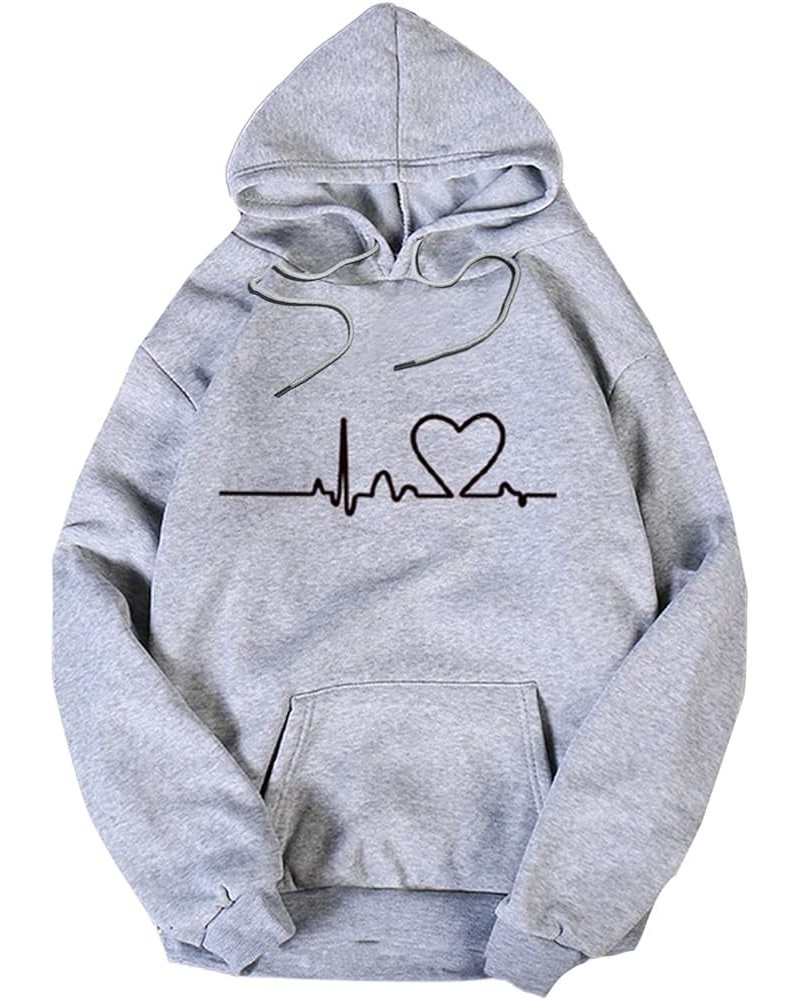 Women's Drawstring Hoodie Long Sleeve Heart Print Pullovers Sweatshirt Grey $15.36 Hoodies & Sweatshirts