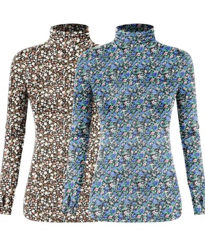 Women's Long Sleeve Turtleneck Lightweight Slim Active T Shirts Thumb Holes for Fall Spring Winter Black Floral+blue Floral $...