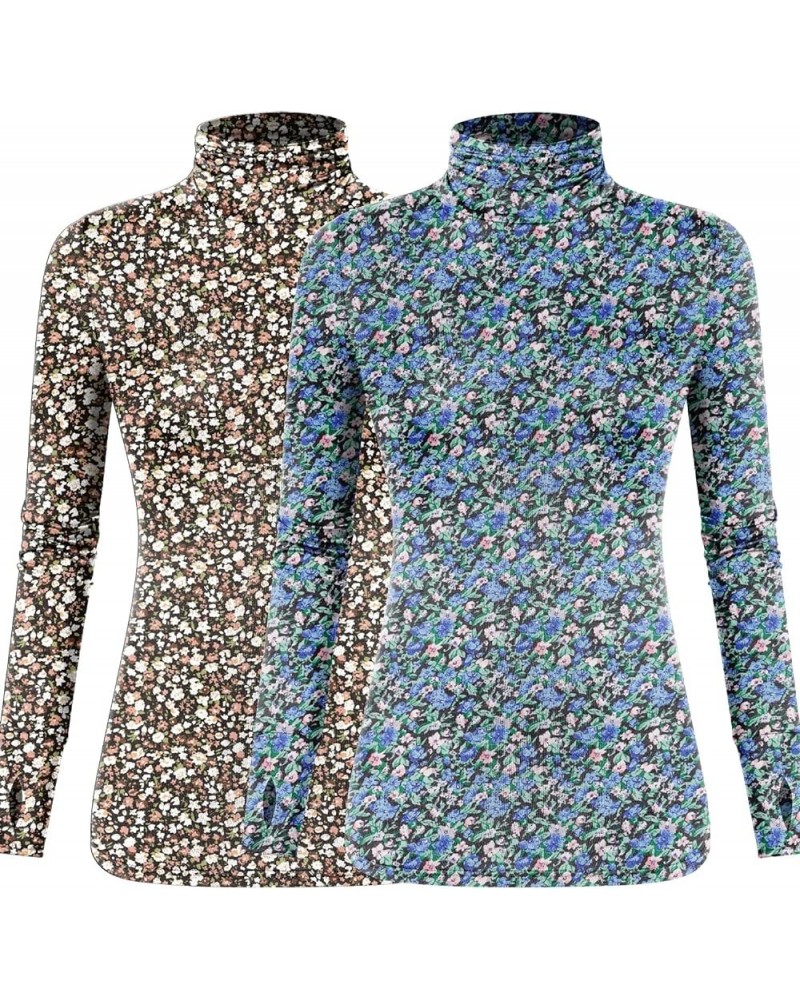 Women's Long Sleeve Turtleneck Lightweight Slim Active T Shirts Thumb Holes for Fall Spring Winter Black Floral+blue Floral $...