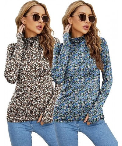 Women's Long Sleeve Turtleneck Lightweight Slim Active T Shirts Thumb Holes for Fall Spring Winter Black Floral+blue Floral $...