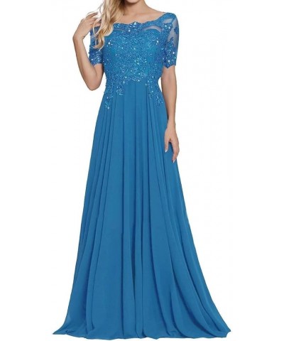 Lace Applique Mother of The Bride Dresses for Wedding Short Sleeve Chiffon Long Formal Evening Dresses for Women Ocean Blue $...