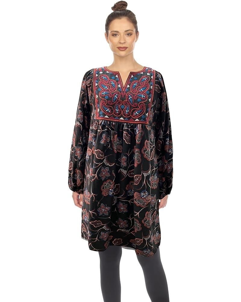 Women's Floral Paisley Long Sleeve Embroidered Relaxed Sweater Dress Black/Burgundy $15.19 Dresses