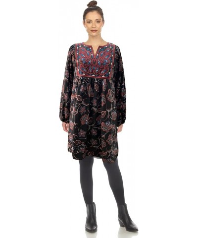 Women's Floral Paisley Long Sleeve Embroidered Relaxed Sweater Dress Black/Burgundy $15.19 Dresses