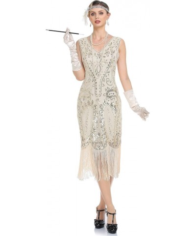 Women's Flapper Dress Paisley Sequin Beaded Fringed 1920s Style Dress Art Deco Vintage Gatsby Dress Gold Beige $29.25 Others