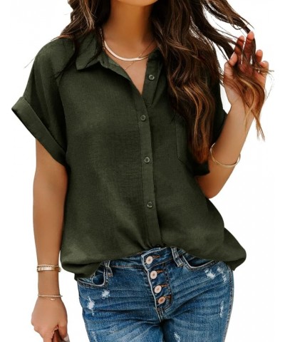 Women Button Down Shirts with Pockets Long/Short Sleeve Chiffon Office Blouses V Neck Casual Business Tops Slim Fit Army Gree...