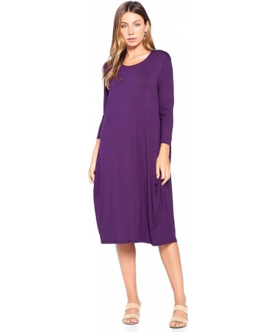 Round Neck 3/4 Sleeve Tulip Hem Midi Dress (S-XXL) - Made in USA Dark Purple $17.97 Dresses