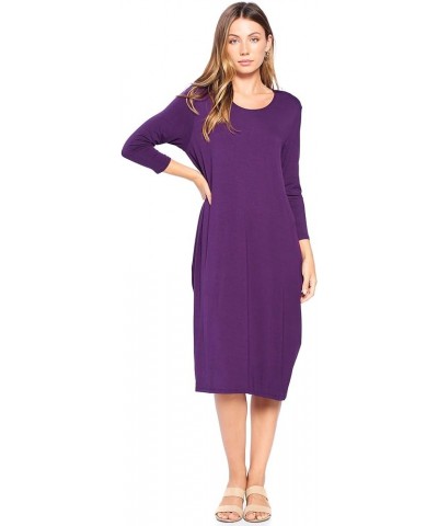 Round Neck 3/4 Sleeve Tulip Hem Midi Dress (S-XXL) - Made in USA Dark Purple $17.97 Dresses