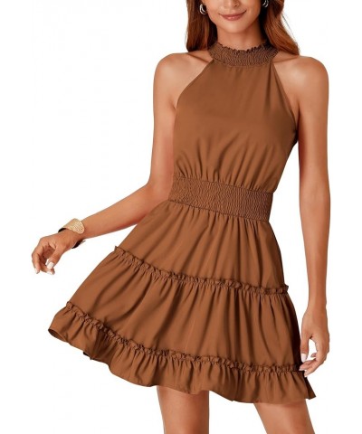 Women's Trim Halter Sleeveless Smocked High Waist Ruffle Layered Short Dress Brown $18.86 Dresses