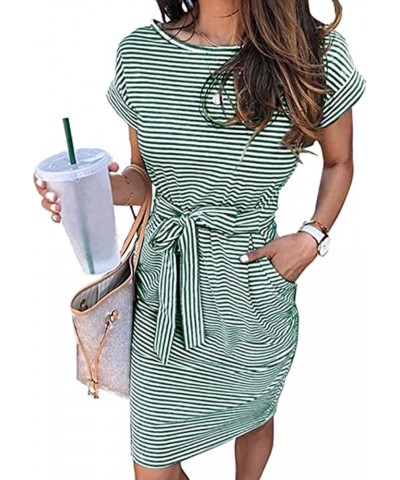 Dresses for Women Summer Striped Short Sleeve/Sleeveless T Shirt Dress Round Neck Tie Waist Mini Dress with Pockets C Army Gr...