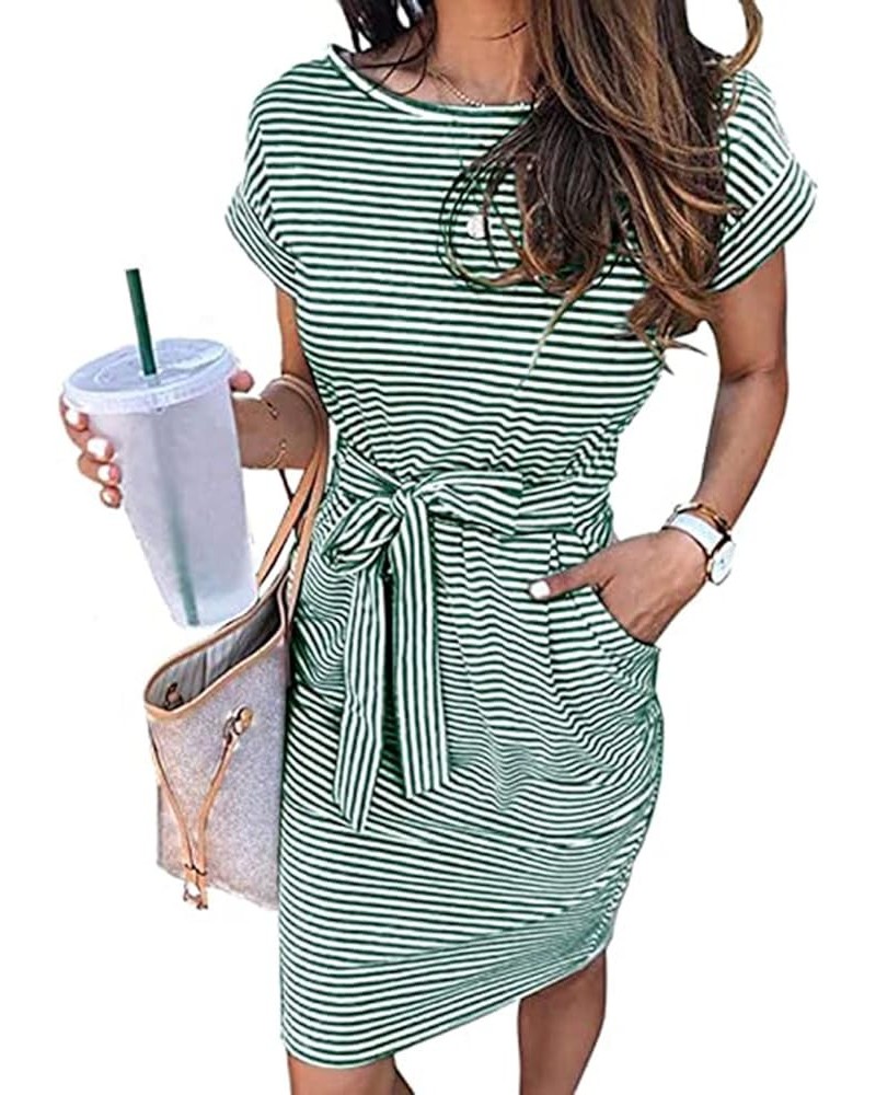 Dresses for Women Summer Striped Short Sleeve/Sleeveless T Shirt Dress Round Neck Tie Waist Mini Dress with Pockets C Army Gr...