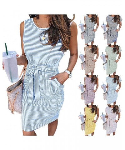 Dresses for Women Summer Striped Short Sleeve/Sleeveless T Shirt Dress Round Neck Tie Waist Mini Dress with Pockets C Army Gr...