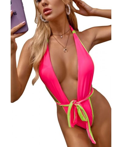 Swimsuits Bathing Suits Womens Sexy Monokini Deep V One Piece Semi Thong Bikini Backless Cheeky Swimwear Watermelon Red $14.5...