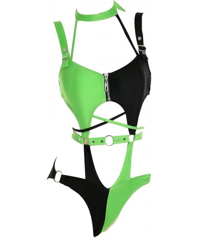 MEOWCOS Women's One Piece Swimwear Sexy Gothic Swimsuit Green and Black Spliced Cutout Bathing Suit Black and Green $19.35 Sw...