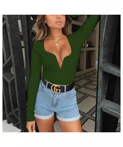 Women's Low Cut Bodysuit Sexy Leotards Deep V Neck Long Sleeve Body Suits Tops Green $14.33 Bodysuits